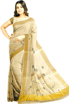 BRINDAVAN CREATIONS Embroidered Kasavu Cotton Blend Saree(Gold)