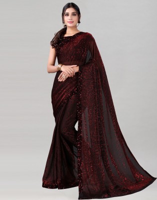 Divastri Woven, Self Design, Embellished Bollywood Lycra Blend Saree(Black, Maroon)