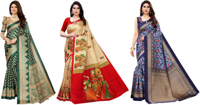 YASHIKA Printed Kanjivaram Art Silk Saree(Pack of 3, Dark Green, Beige, Blue)