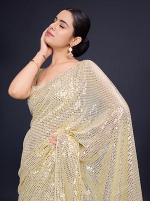 Clemira Embellished Bollywood Georgette Saree(Cream)