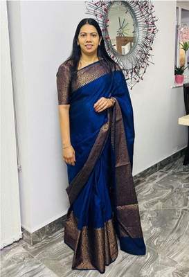 Handsel Woven Banarasi Jacquard, Silk Blend Saree(Dark Blue)