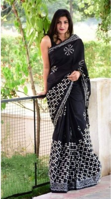 Craftmusium Printed Handloom Pure Cotton Saree(Black)