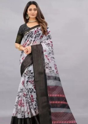 Suali Printed Daily Wear Cotton Blend Saree(White)