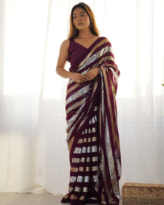 Moda Rapido Striped Bollywood Georgette Saree(Purple, Silver)