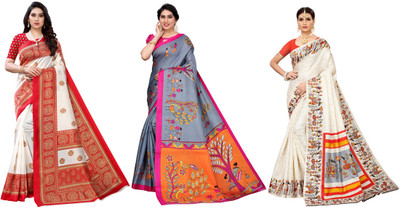 YASHIKA Printed Daily Wear Art Silk Saree(Pack of 3, Red, Grey, Cream)
