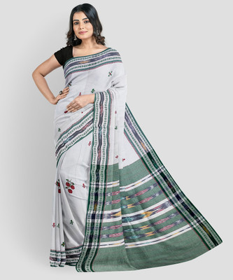 Auora Embroidered Sambalpuri Handloom Pure Cotton Saree(White, Green)
