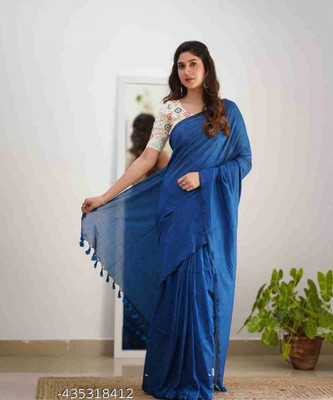 Hiya saree And Punjabi house Solid/Plain Handloom Pure Cotton, Cotton Silk Saree(Blue)