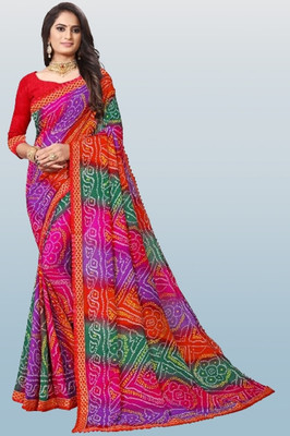 Kanooda Prints Printed Bandhani Georgette Saree(Multicolor)