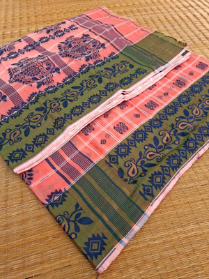 KhayaFashion Woven Jamdani Pure Cotton Saree(Pink, Dark Green)