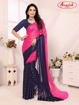 Anand Sarees Ombre, Striped, Self Design Bollywood Satin Saree(Pink, Dark Blue)