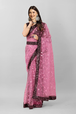 TIRTH CREATION Embroidered Bollywood Net Saree(Pink)