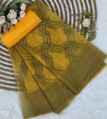 PATTARI Embellished Bollywood Net Saree(Yellow)