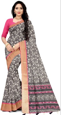 NANDI FAB Floral Print Bollywood Cotton Blend Saree(Grey)