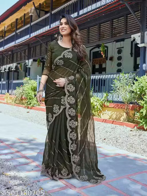 BrownSoilOrganics Embellished, Floral Print Bollywood Satin Saree(Green)