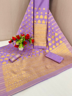 Rizanx Embellished, Embroidered, Self Design, Woven Mekhela Chador Chanderi, Cotton Blend Saree(Purple, Gold)