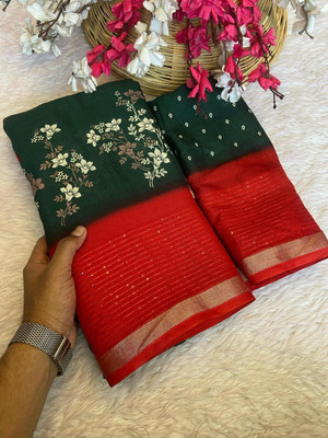 Bhuwal Fashion Floral Print, Woven Bollywood Crepe Saree(Green)