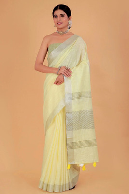 NEGRONI Solid/Plain Daily Wear Linen Saree(Yellow)