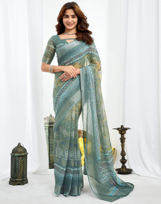SIRIL Digital Print, Floral Print, Embellished Bollywood Linen Saree(Green)