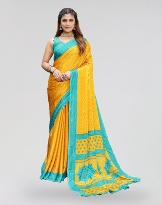 ANIRAV Printed Bollywood Tussar Silk Saree(Yellow, Blue)