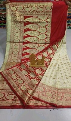 Dulhan Collection Woven Banarasi Handloom Pure Silk Saree(Cream, Maroon)