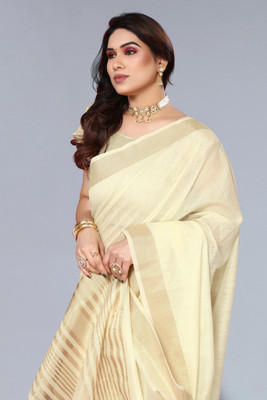BFM Solid/Plain, Woven, Self Design Saree with Attached Blouse Linen Saree(Cream)