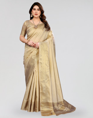 ANIRAV Floral Print Bollywood Cotton Silk Saree(Cream)