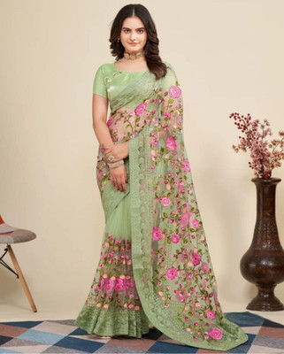 NIYANTAKSH Embroidered Bollywood Net Saree(Light Green)