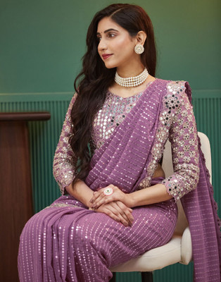 Samah Embellished, Embroidered, Self Design Bollywood Georgette Saree(Purple)