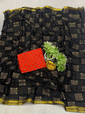 Desi Style Embellished Bollywood Net, Chiffon Saree(Black)