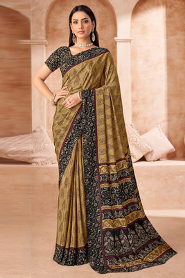 SainiVastra Floral Print Bollywood Crepe Saree(Mustard)