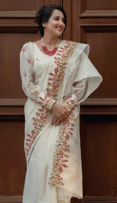 Shyamali Boutique Printed Handloom Cotton Blend Saree(White)