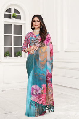 Mugdarra Floral Print Bollywood Georgette Saree(Blue)
