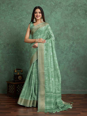 RekhaManiyar Printed Saree with Attached Blouse Silk Blend Saree(Green)