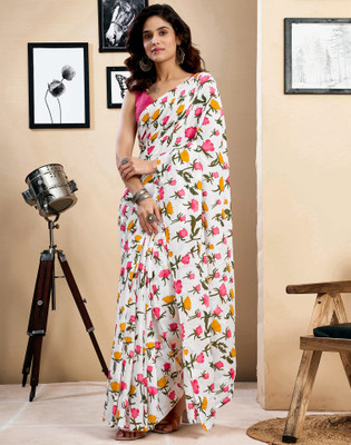 Satrani Floral Print, Geometric Print, Printed Daily Wear Pure Cotton Saree(White, Multicolor)