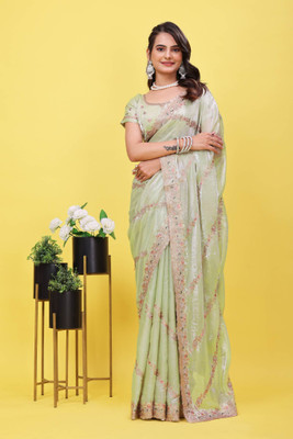 GREENA CREATION Embroidered, Woven, Self Design, Embellished Bollywood Satin Saree(Light Green)