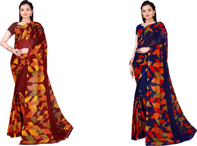 Suali Printed Daily Wear Georgette Saree(Pack of 2, Dark Blue, Maroon)