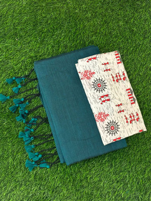 TARAMAACREATION Solid/Plain Bollywood Handloom Pure Cotton Saree(Dark Green, White)