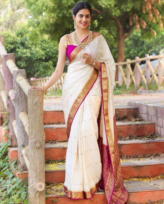 LUGABH Self Design Kanjivaram Pure Silk Saree(White)