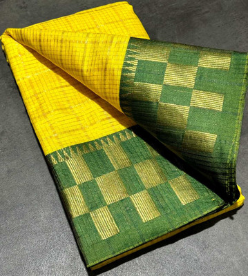 JbWorld Checkered, Woven, Self Design, Embellished Chettinadu Jacquard, Cotton Silk Saree(Yellow, Green)