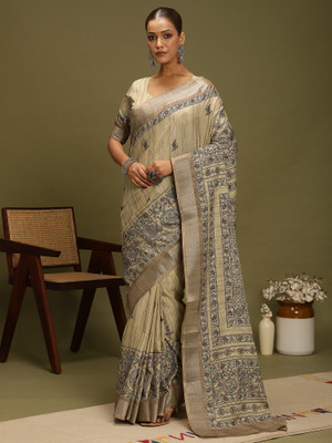 Sareemall Digital Print Hand Batik Satin, Silk Blend Saree(Beige)