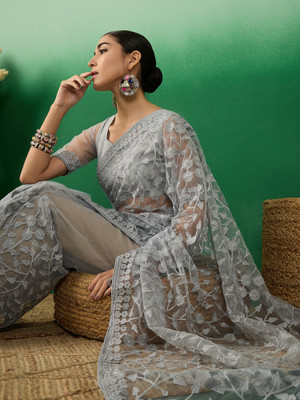 Sangria Embroidered Kalamkari Net Saree(Grey)
