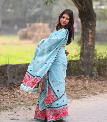 white desert Self Design Mekhela Chador Cotton Silk Saree(Light Blue)