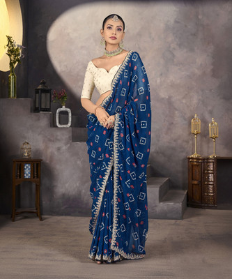 Samah Printed, Embroidered, Embellished Bollywood Georgette, Chiffon Saree(Blue)