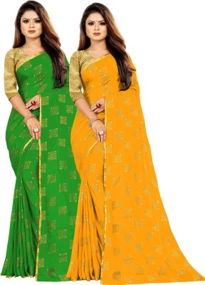 V And V Shop Printed Bollywood Chiffon Saree(Pack of 2, Green, Yellow)