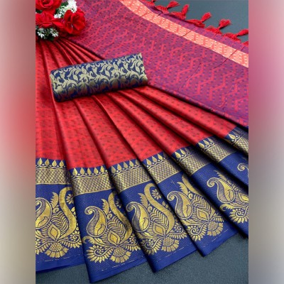 VRINDITA FASHION Self Design, Ombre, Temple Border, Woven, Dyed, Solid/Plain Bollywood Cotton Silk Saree(Blue)