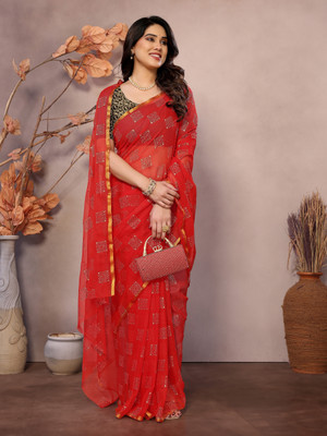 Prutha Fashions Printed Bollywood Georgette, Chiffon Saree(Red)