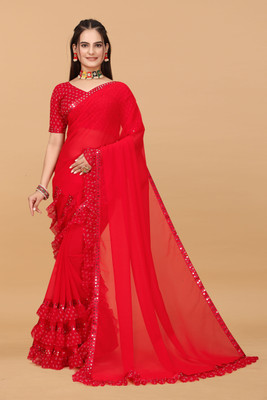 HOKLER Self Design Bollywood Georgette Saree(Red)