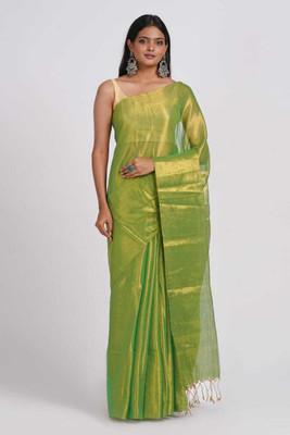 SutaSari Solid/Plain Saree with Attached Blouse Tissue Saree(Light Green)