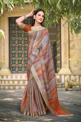 Moda Rapido Floral Print Daily Wear Cotton Blend Saree(Orange)
