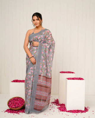 SHRIVAN FASHION Printed Bollywood Cotton Blend Saree(Grey)